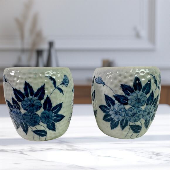 Set 2 Made in Thailand White Dimpled Pottery 4" Tall Vases Blue Flowers Lotus - Picture 1 of 10